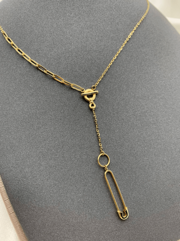 Naszyjnik agrafka złoto 585 krawatówka modowy naszyjnik splot spinaczowy chain