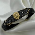 Złota bransoletka na skórze męska złoty lew 585 14k bogato zdobiona czarne kamienie wyjątkowa gruba bransoleta męska dla mężczyzny prezent dla niej szpanerska bardzo bogata gruba sztywna skórzana