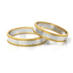 Obrączki ślubne dwukolorowe biało-żółte grecki wzór meander