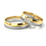 Obrączki ślubne złote dwukolorowe z kamieniami satyna połysk rodowane