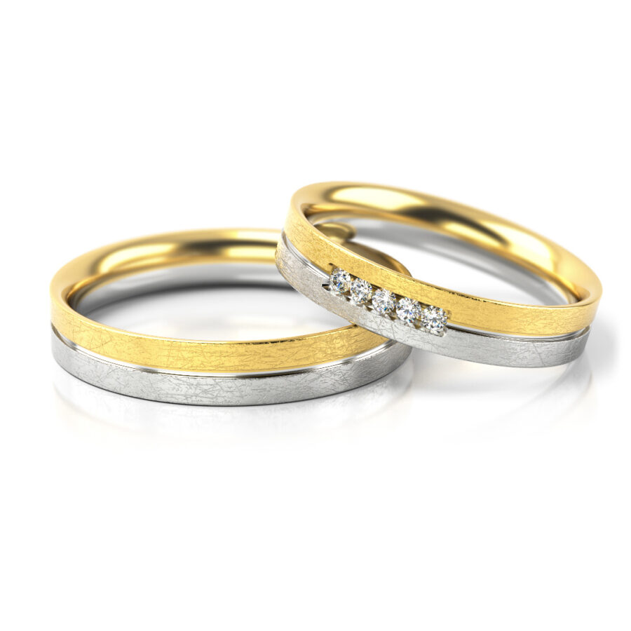 Obrączki ślubne złote nowoczesne dwukolorowe z kamieniami diamenty lub cyrkonie