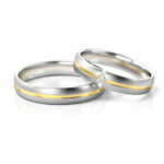 Obrączki ślubne złote nowoczesne dwukolorowe satynowane rodowane z diamentem