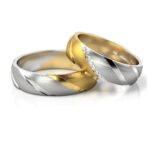 Obrączki ślubne złote nowoczesne dwukolorowe paski z kamieniami diamenty lub cyrkonie