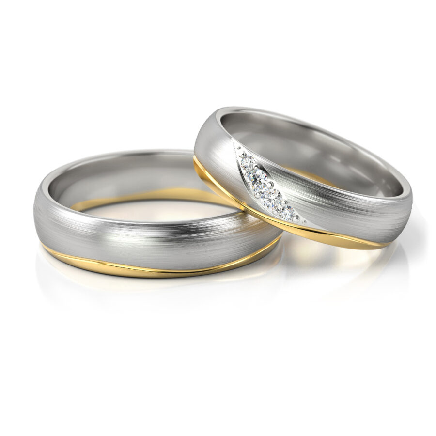 Obrączki ślubne złote dwukolorowe półokrągłe satyna fala łezka z kamieniami diamenty cyrkonie
