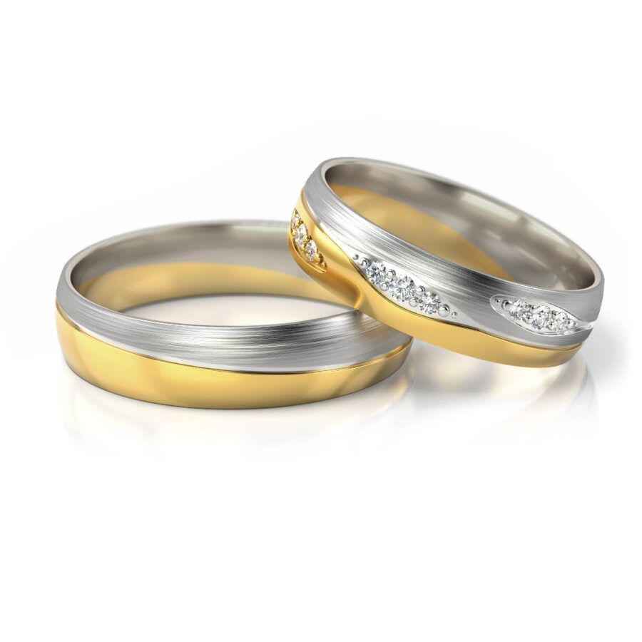 Obrączki ślubne złote półokrągłe dwukolorowe satyna z kamieniami diamenty cyrkonie