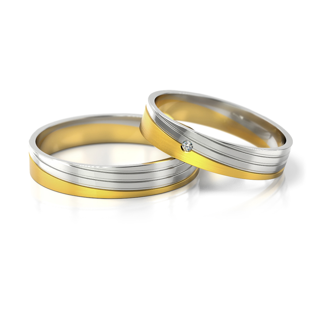 Obrączki ślubne złote nowoczesne dwukolorowe z diamentem cyrkonią