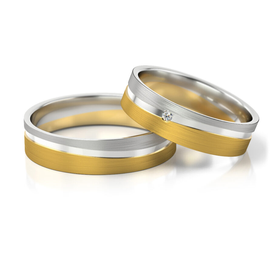 Obrączki ślubne złote dwukolorowe płaskie nowoczesne z diamentem lub cyrkonią