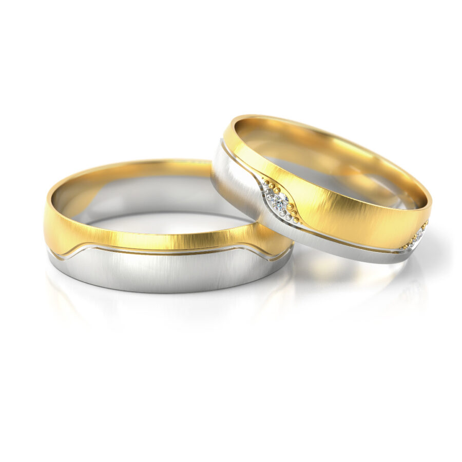 Obrączki ślubne złote dwukolorowe fala z kamieniami diamenty lub cyrkonie
