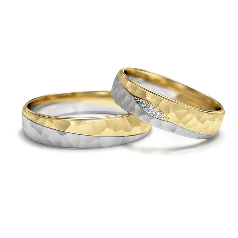Obrączki ślubne złote dwukolorowe młotkowane nowoczesne z kamieniami