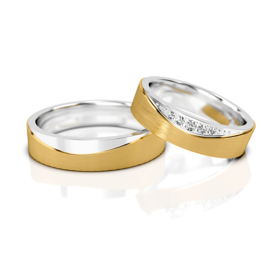 Obrączki ślubne złote nowoczesne dwukolorowe mat poler z diamentami lub cyrkoniami