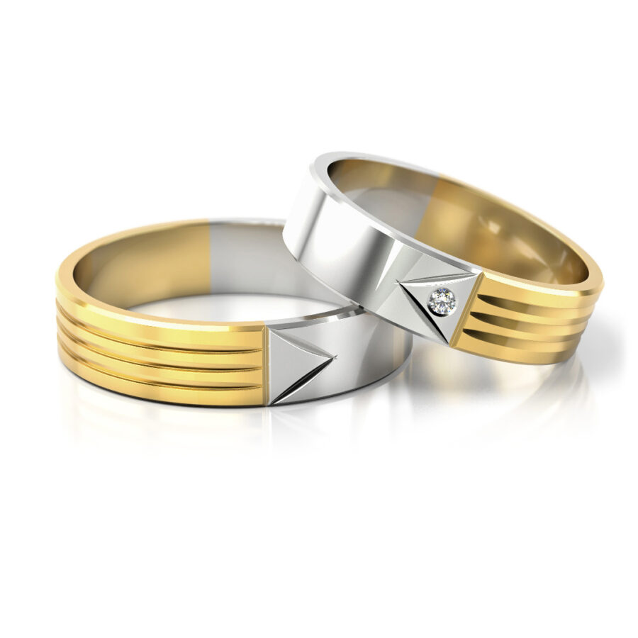 Obrączki ślubne złote nowoczesne dwukolorowe z diamentem lub cyrkonią
