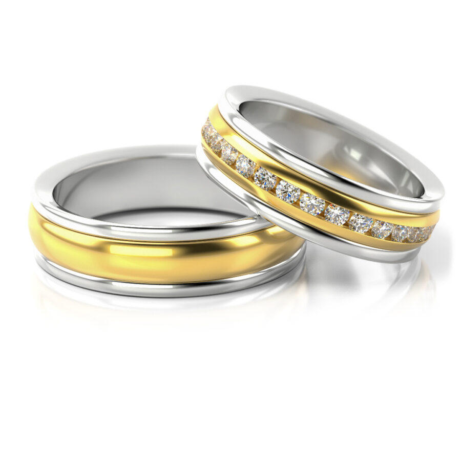 Obrączki ślubne złote dwukolorowe z diamentami brylantami dookoła