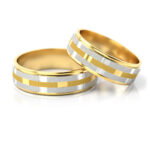 Obrączki ślubne dwukolorowe złote matowe i połysk łańcuch