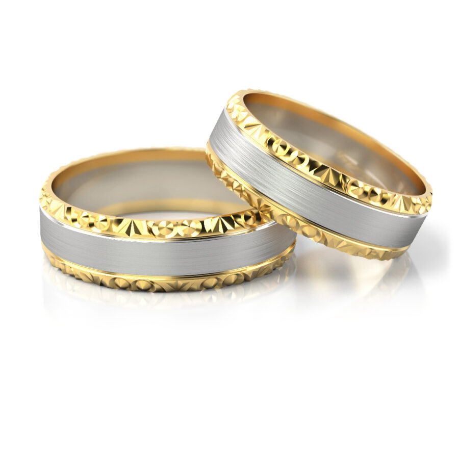 Obrączki ślubne złote dwukolorowe ścięte brzegi grawerowane satynowane