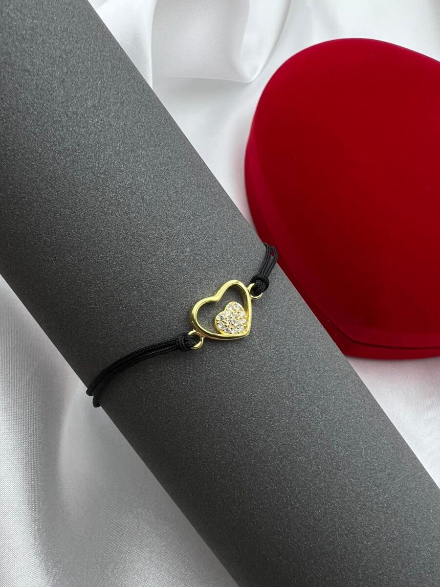 Bransoletka czarny sznurek serce srebro złocone z cyrkoniami regulowana długość