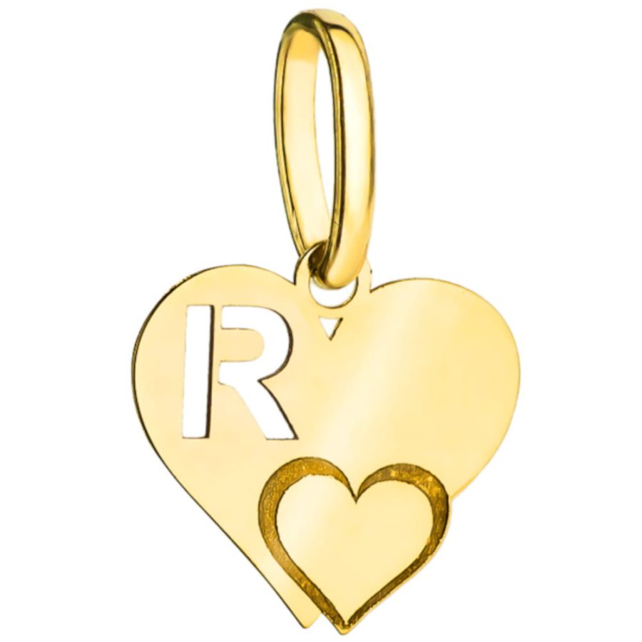 Zawieszka złota literka R litera serce dwa serca polerowana na wysoki połysk wysoka próba 585 tania na prezent litera