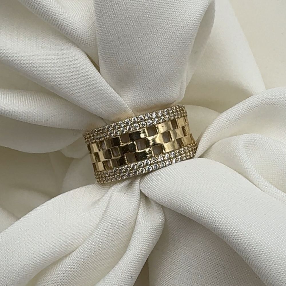 złoty pierścionek złoto 585 szachownica białe cyrkonie jasne kamienie szeroki pierścionek modowy bogaty ażurowy