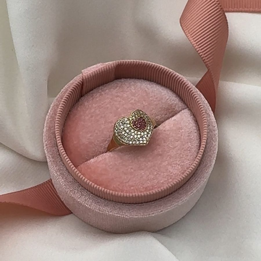 pierścionek złoto 585 dwa serca różowe serce cyrkonie dwukolorowy pierścionek na walentynki prezent dla niej pomysł na prezent