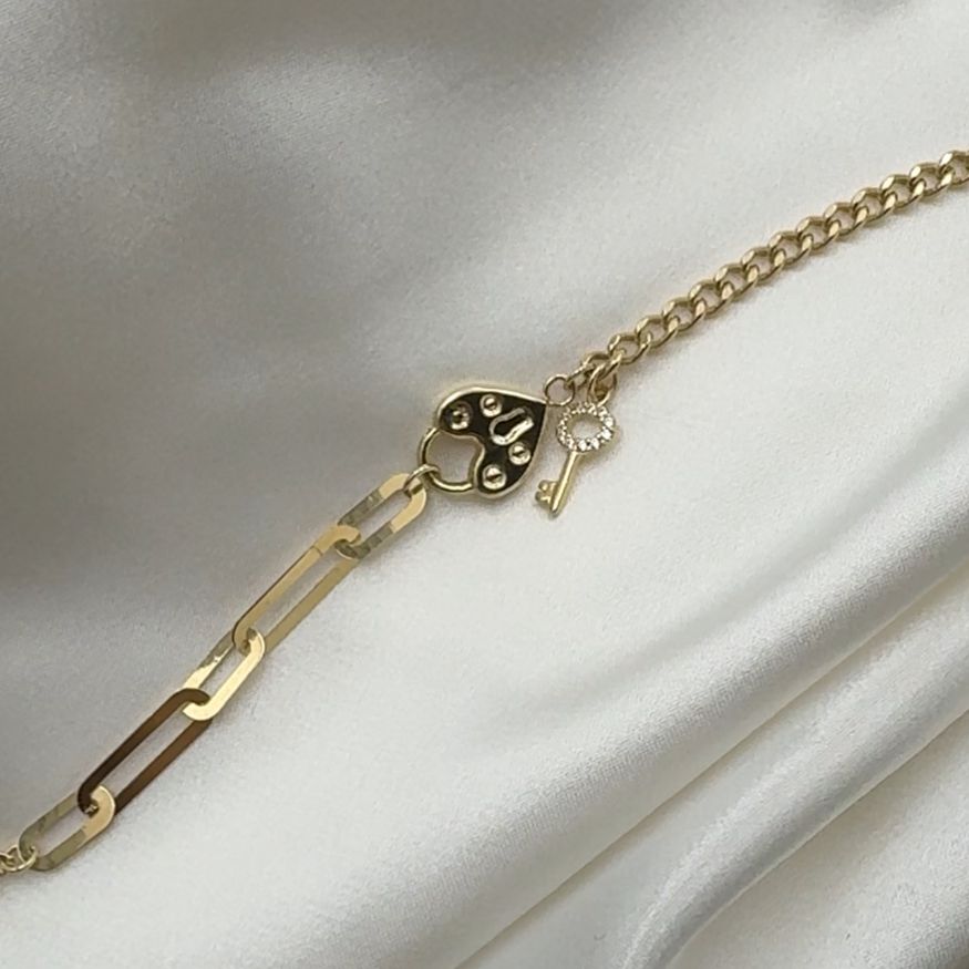 Bransoletka złoto 585 kłódka w kształcie serca kluczyk wiszący chain łańcuszkowa prezent dla niej