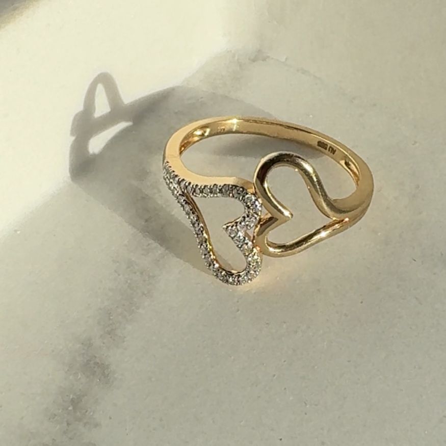 Pierścionek dwa serca z diamentami złoto 585 walentynki pierścionek z sercem diamenty 0,11 ct
