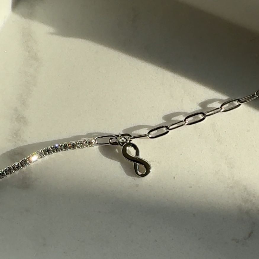 Bransoletka srebrna tenisowa splot spinaczowy znak nieskończoności srebro 925