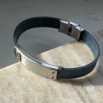 Męska bransoletka stal blaszka na grawer niebieska skórzana na skórze dla niego na pasku dla niego prezent dzień ojca grawer własny personalizacja śrubki śruby