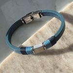 Bransoletka męska niebieska blaszka stal sznurek skóra skórzana niebieska dla niego dla mężczyzny prezent dla niego dzień ojca