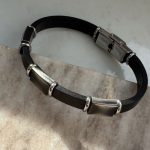 Męska bransoletka skóra naturalna czarna męska z blaszkami prezent dla niego czarna stal prezent dla niego męska dla mężczyzny grawer