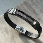 Bransoletka męska na skórze skórzana stal czarna blaszka elegancka prezent dla niego nowoczesna industrialna modern łańcuch chain czarna