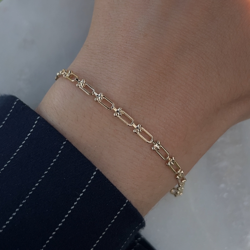 Bransoletka złota 0,585 podłużne ogniwa splecione ze sobą z kulkami w kształcie litery U wysoka próba złoto 585 14kt tiffany splecione ogniwa modna stylowa spinaczowa chain