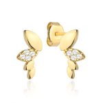 Złote kolczyki elipsy cyrkonie podłużne długie złote kolczyki wkrętki z cyrkoniami kwiatki listki złoto 585 14k skrzydełka skrzydła