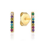 Złote kolczyki kolorowe kamienie pałeczki prostokąty kolorowe kamienie cyrkonie delikatne złoto 585 14k wkrętki na sztyft wielokolorowe prezent dla niej biżuteria przecinki rainbow