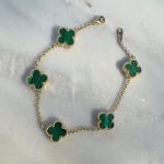 Złota bransoletka zielone koniczynki marokańskie luksusowe 5 koniczyn najmodniejsza złoto 585 14k duże koniczyny modowa stylowa malachit kamienie naturalne zielone koniczynki