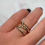 Pierścionek potrójny pozłacany złocony srebro 925 pleciony spleciony złoty modowy designerski szerszy