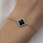 Bransoletka srebrna koniczyna marokańska luksusowa srebro 925 cyrkonie czarny kamień kryształek jedna koniczynka