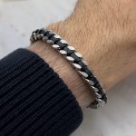 Męska bransoletka pancerka stalowa stal szlachetna czarna skóra skórzana dla niego dla mężczyzny prezent