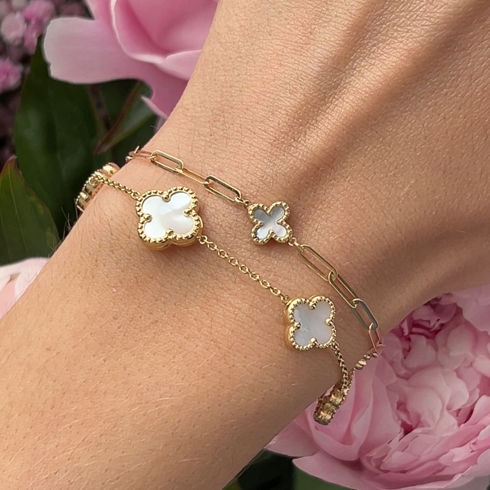 bransoletka masa perłowa złoto 585 koniczynki marokańskie najmodniejsza bransoletka diament opalenica