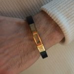 Bransoletka stalowa złota pozłacana złocona na skórze skórzana dla niego męska dla mężczyzny nowoczesna stylowa prezent dla niego złoto czarna