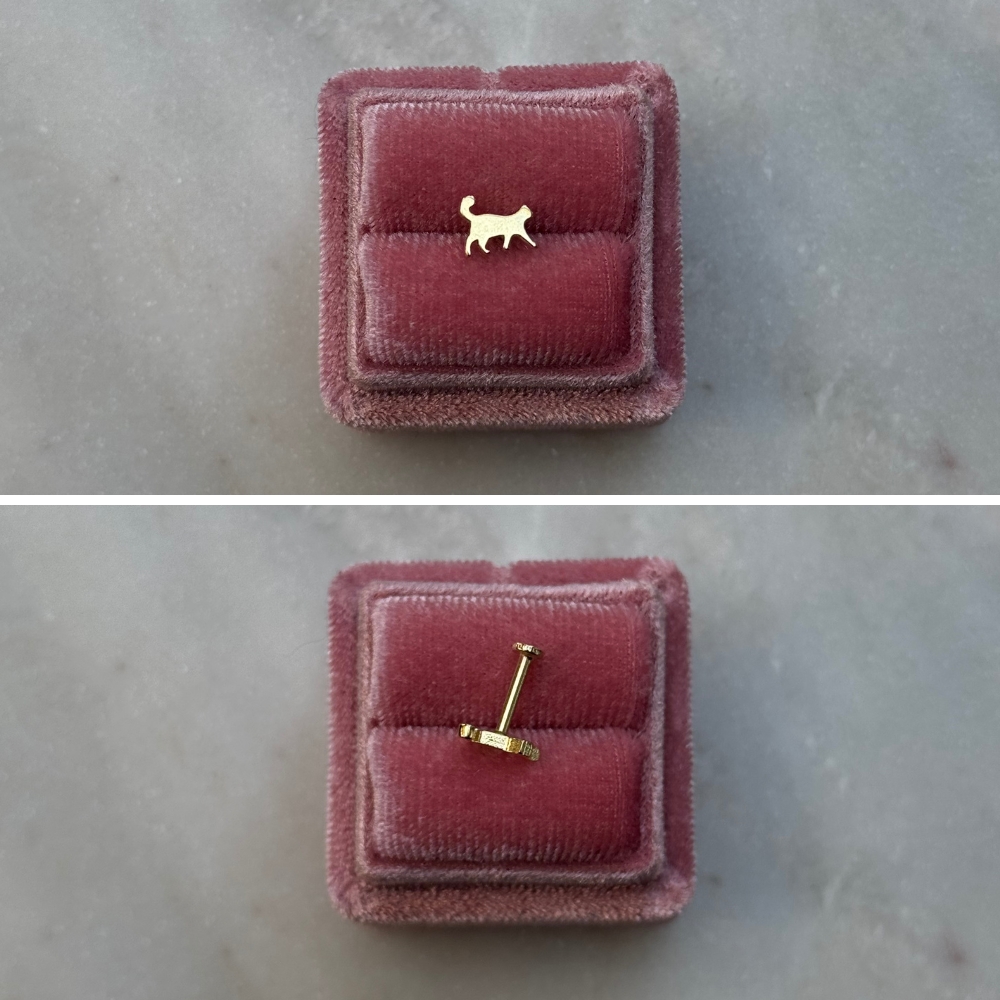 Piercing złoto 585 14k labret kot z kotkiem płaski tył wkręcany kolczyk pojedynczy kolczyk z kotem 7mm