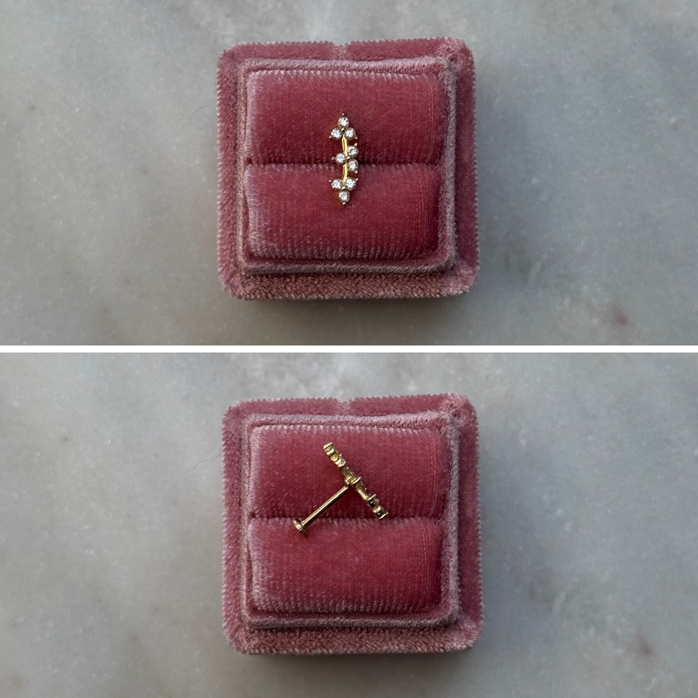 Piercing kolczyk do piercingu złoto 585 14k trzy kwiatki kwiaty z cyrkoniami gwiazdki kwiecisty wzór delikatny błyszczący 7mm płaski tył labret wkręcany wygodny tragus helix upper lobe conch flat