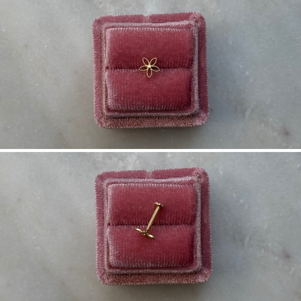 Piercing kolczyk do piercingu złoto 585 14k kwiatek delikatny kwiatuszek wkręcany labret płaski tył 7mm helix tragus upper lobe flat