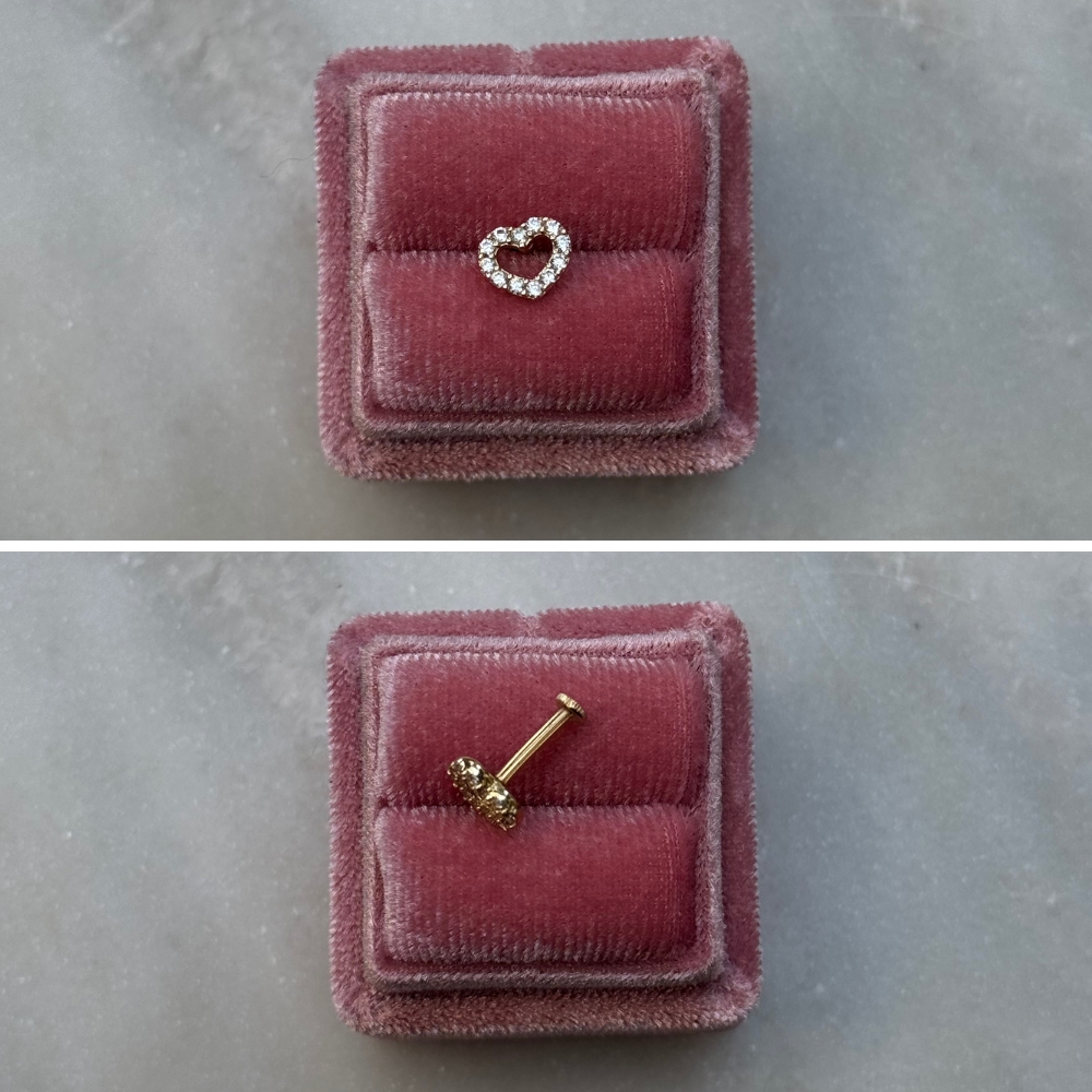 Piercing złoto 585 14k kolczyk do piercingu serduszko kontur serca serce z cyrkoniami labret płaski tył 7mm helix upper lobe forward helix conch flat tragus