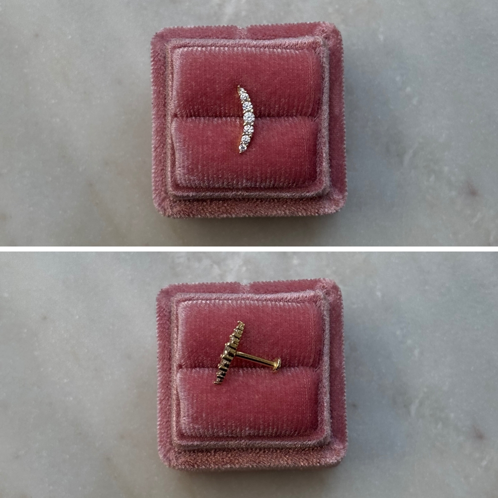 Piercing kolczyk do piercingu labret wysadzany cyrkoniami z kamieniami złoto 585 14k podłużny do helixa do conch concha wkręcany labret gwint wewnętrzny wygodny płaski tył 7mm łuk półokrągły łuk księżyc moon