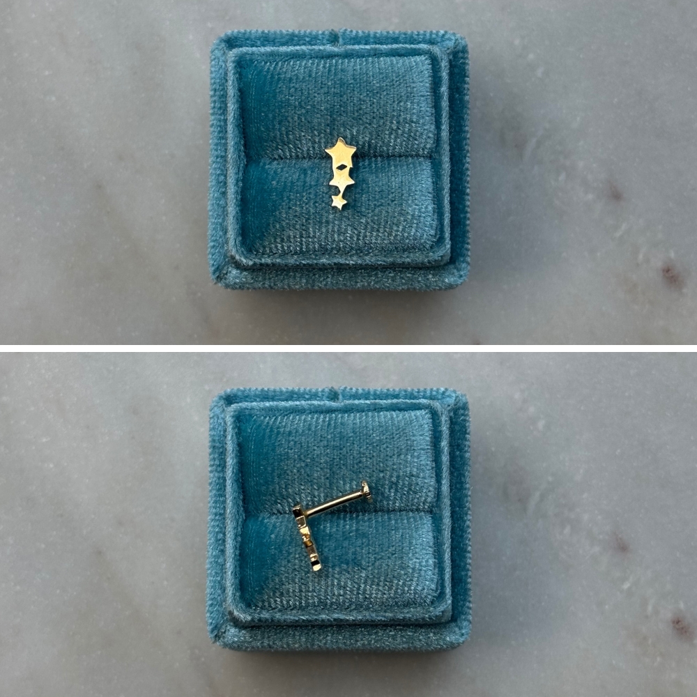 Piercing kolczyk do piercingu złoto 585 14k trzy gwiazdki gładkie gwiazdki 7mm płaski tył labret wkręcany wygodny tragus helix upper lobe conch flat