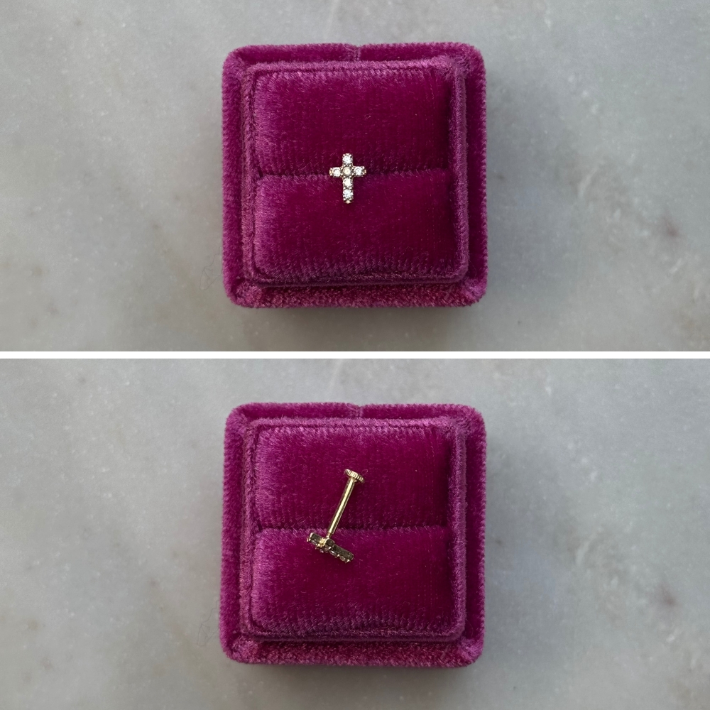 Kolczyk do piercingu piercing płaski tył wkręcany złoto 585 14k labret krzyżyk z cyrkoniami krzyż mały piercing 7mm