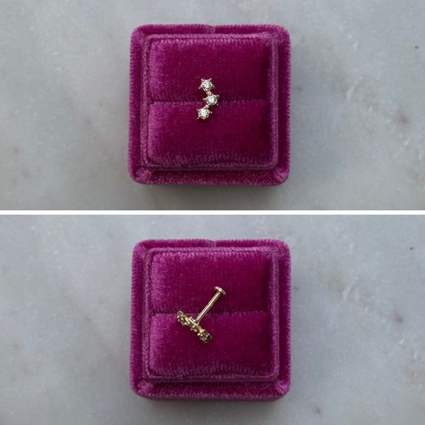 Piercing kolczyk do piercingu złoto 585 14k trzy gwiazdki gwiazdki gwiazdy wysadzane cyrkoniami trzy cyrkonie labret płaski tył 7mm