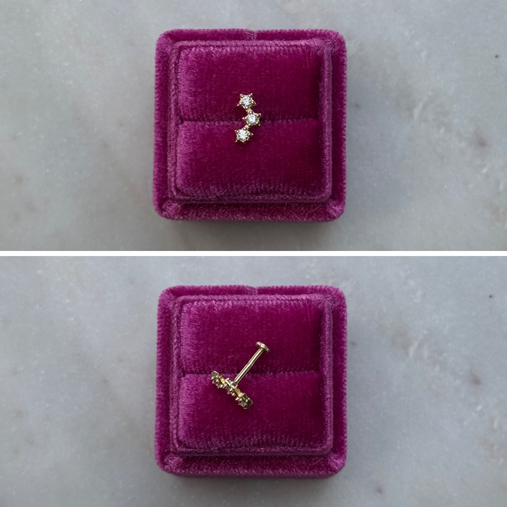 Piercing kolczyk do piercingu złoto 585 14k trzy gwiazdki gwiazdki gwiazdy wysadzane cyrkoniami trzy cyrkonie labret płaski tył 7mm