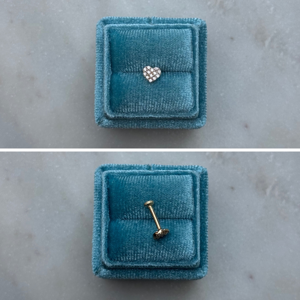 Kolczyk do piercingu piercing złoto 585 14k serduszko serce z cyrkoniami labret płaski tył wkręcany 7mm