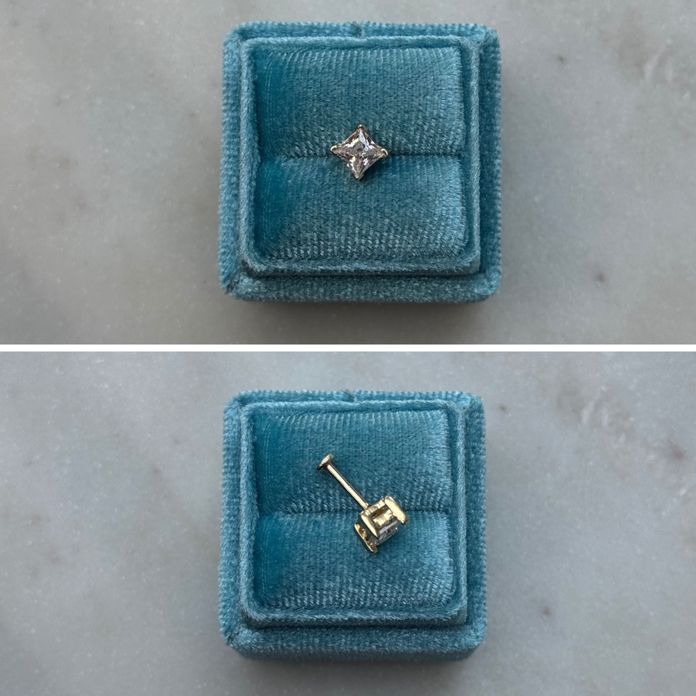 Piercing kolczyk do piercingu jedna duża cyrkonia labret wkręcany wygodny złoto 585 14k ze złota piercing duży kamień błyszczący 7mm helix conch upper lobe tragus conch princessa kwadrat szlif