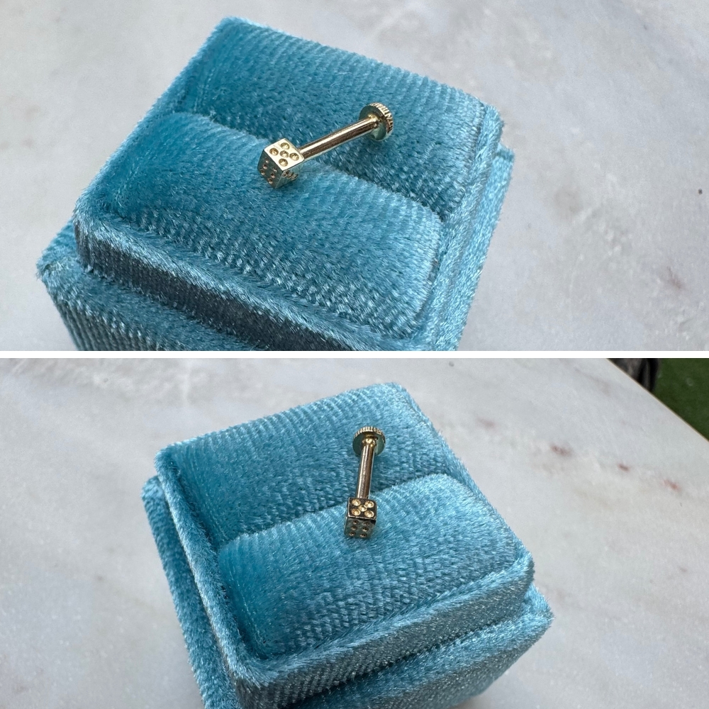 Piercing kolczyk do piercingu kostka do gry kostka do rzucania dla gracza złoto 585 14k 7mm 0,7cm labret płaski tył wkręcany wygodny helix upper lobe conch tragus flat kwadrat sześcian